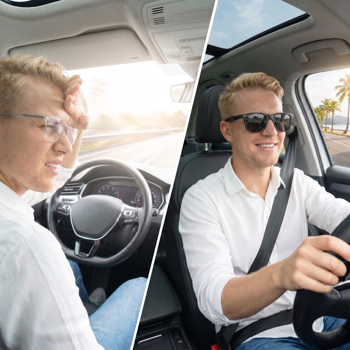 Samme sjåfør med vanlige briller i skarp sol, og avslappet med SunFit utenpå