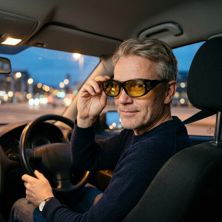 Mann setter gule SunFit Drive-briller utenpå sine egne briller i bilen