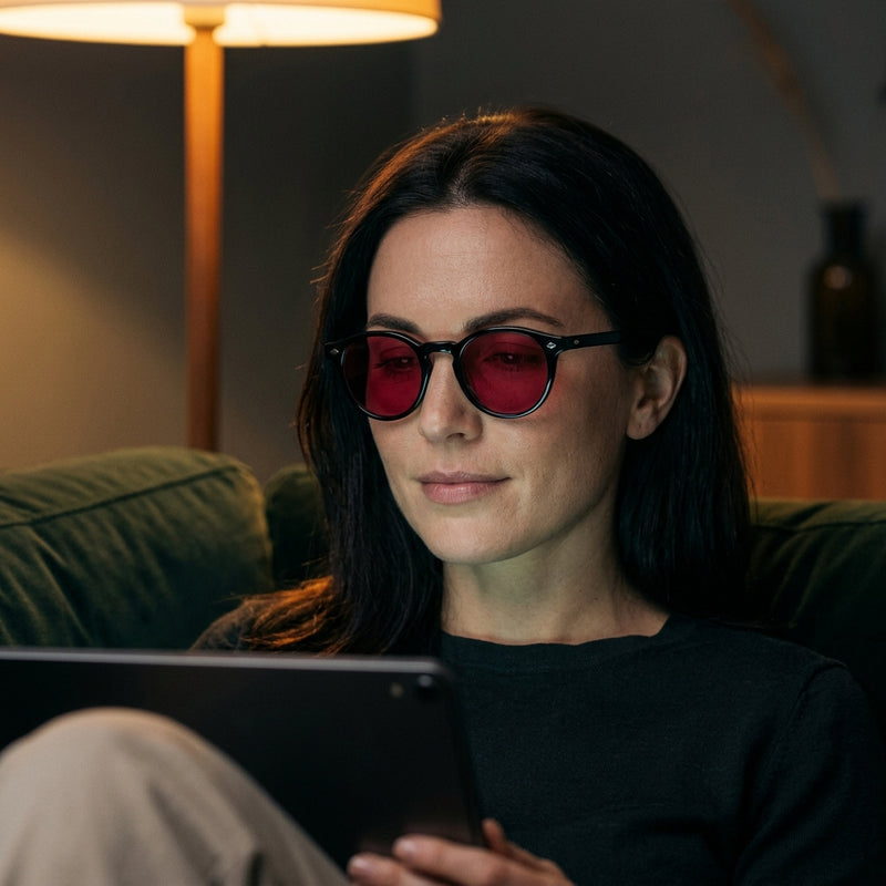 Kvinne med SunFit SmartLens med røde glass i sofaen om kvelden