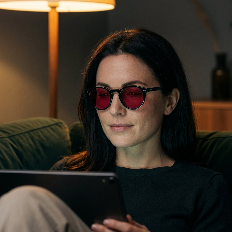 Kvinne med RedLens i sofaen om kvelden