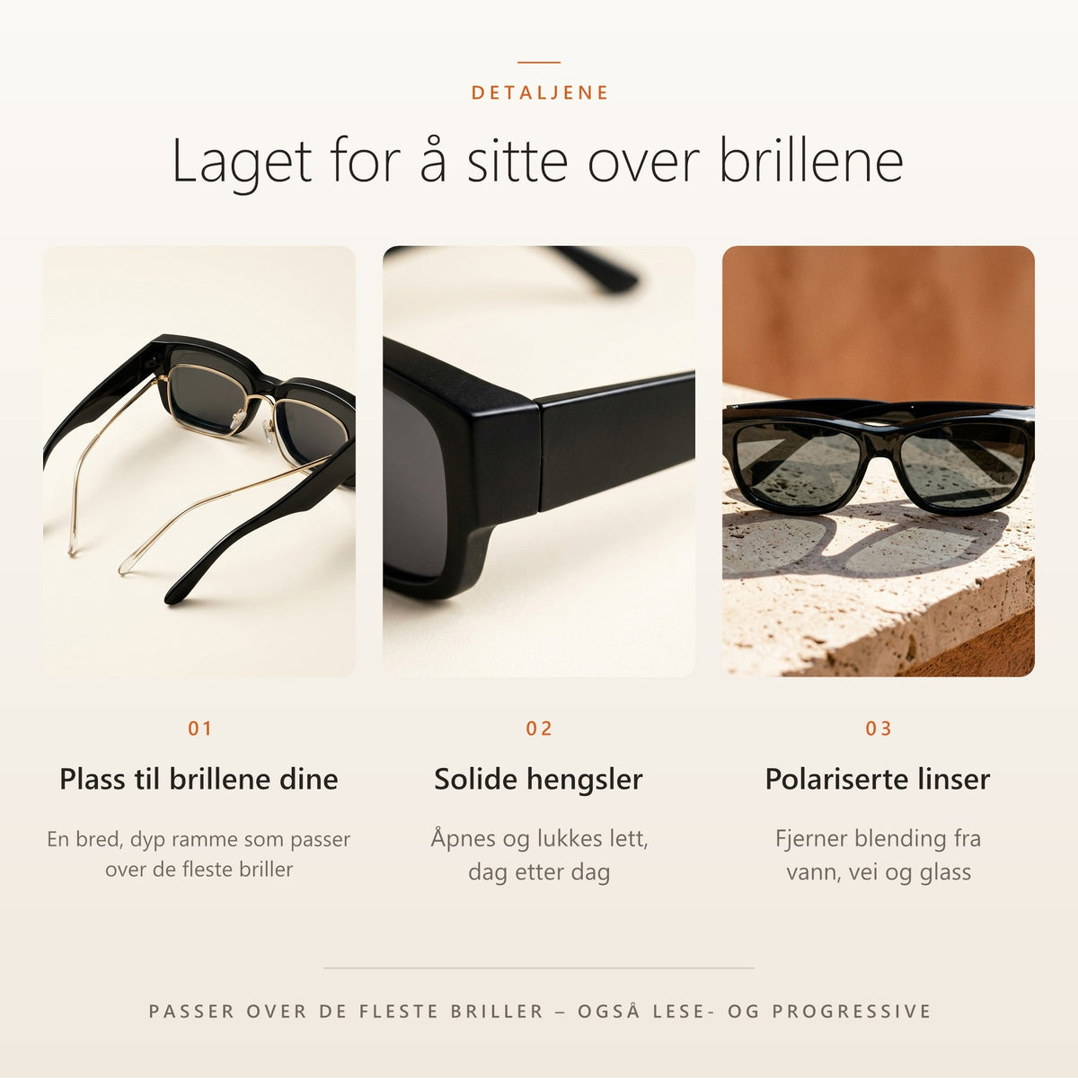 SunFit-detaljer: plass til brillene, solide hengsler, polariserte linser