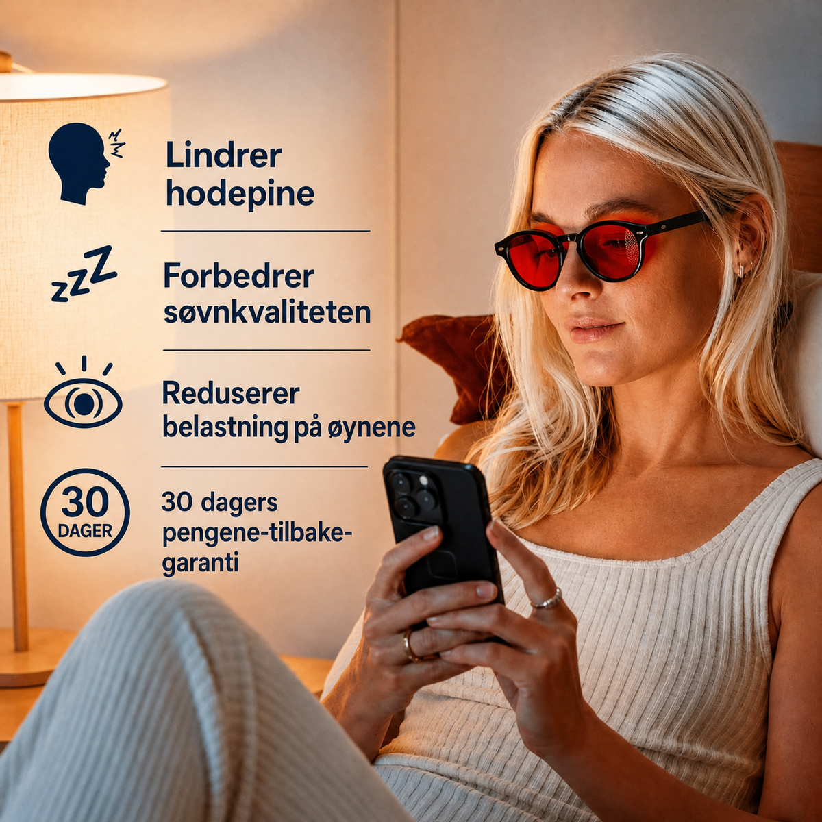 SunFit SmartLens RedLens: lindrer hodepine, forbedrer søvnkvaliteten, reduserer belastning på øynene, 30 dagers pengene-tilbake-garanti